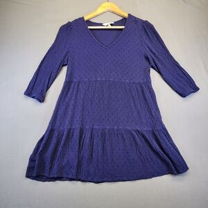 Speechles Med Blue Swiss Dot Tiered Mini Dress V-Neck Boho Babydoll Cottagecore